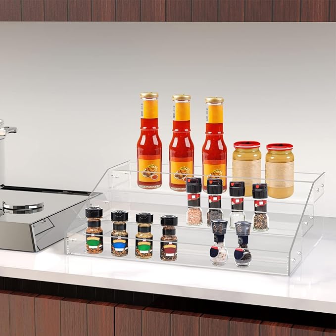 PMMASTO Widen Tiered Spice Rack, Seasoning Organizer, Clear Acrylic Vertical Shelves Can Organizer for Countertop, Cabinet, Pantry, Kitchen Organization and Storage - 3 Tier