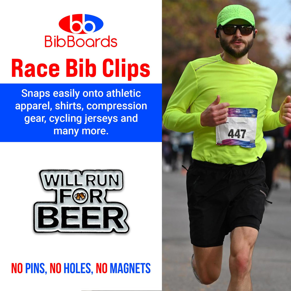 BibBoards bibSNAPS Race Bib Clips, Will Run for Beer, 4 Pack