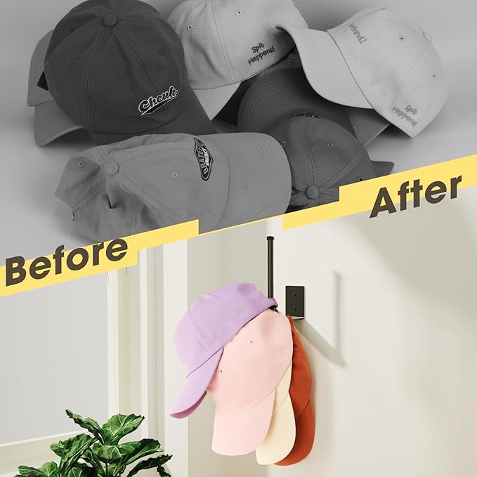 Durmmur 2 Pack Hat Racks for Baseball Caps, Stainless Steel Hat Organizer for Baseball Cap, Hat Holder Storage Organizer, Hat Hanger Strong Adhesive/Wall Drilled for Door, Bedroom, Closet(Black 6 in)