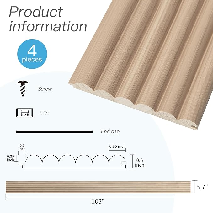 Art3d Fluted Wood Panel for Wall and Ceiling, Beaded Accent molding for Home Decoration, Pack of 4pcs + 1pc End-Trim, Size 108 x 5.7in.- Beaded Ashtree