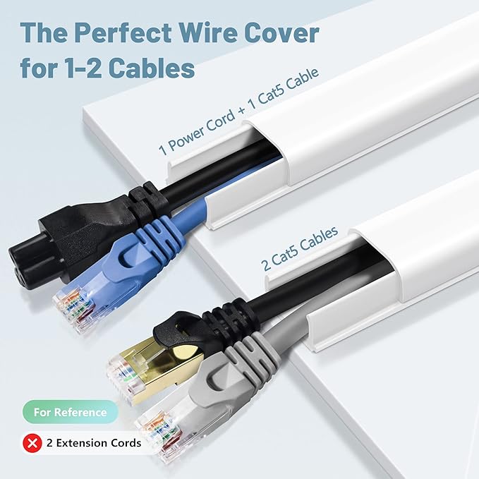 Wire Covers for 2 Cords, 68in (4X L17in) Wire Hider on Wall Mounted, White Cord Cover Kit, Cable Cover Cable Concealer for Extension Cord, Ethernet Cable, Speaker Wire, 0.7in(W) x 0.4in(H)