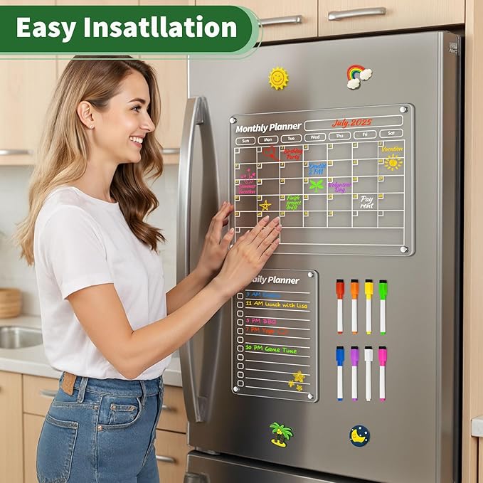 FINDMAG Acrylic Magnetic Dry Erase Board Calendar for Refrigerator, Magnetic Whiteboard for Fridge, 16"x12" Monthly Magnet Calendar for Refrigerator with 8 Colorful Highlight Markers