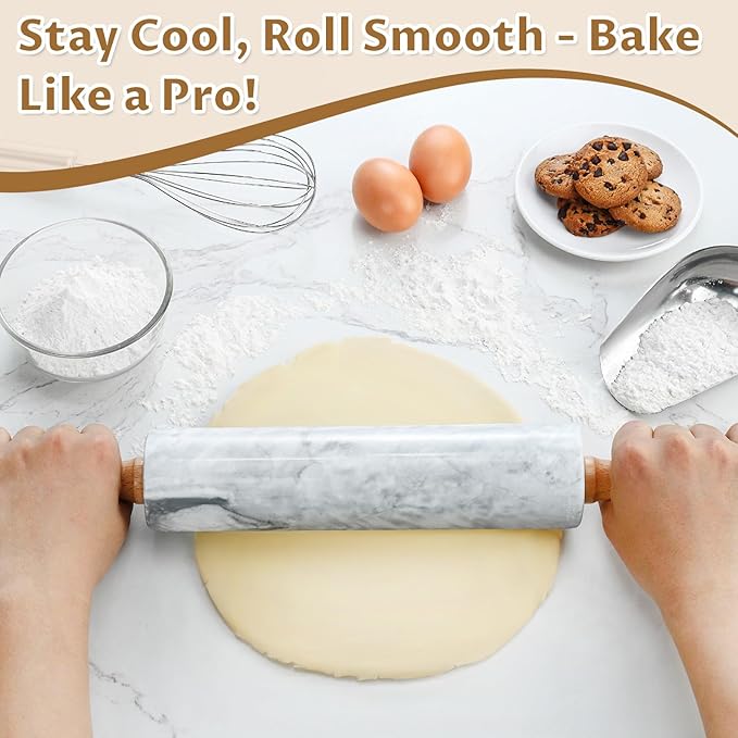 Gymdin Marble Rolling Pin - 18.9" Marble Rolling Pins for Baking, Pastry, Pizza Dough & More - Polished Non-Stick Surface, Long Dough Roller with Wooden Handles & Base