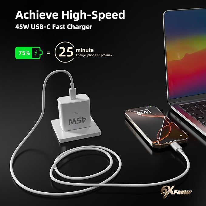 TANSEY 45W USB C Fast Charger with 6.6FT Braided Nylon Cable PD 3.0 Charger Block Compatible with iPhone 16/15 Series iPad AirPods Pro 2 &amp Samsung S24