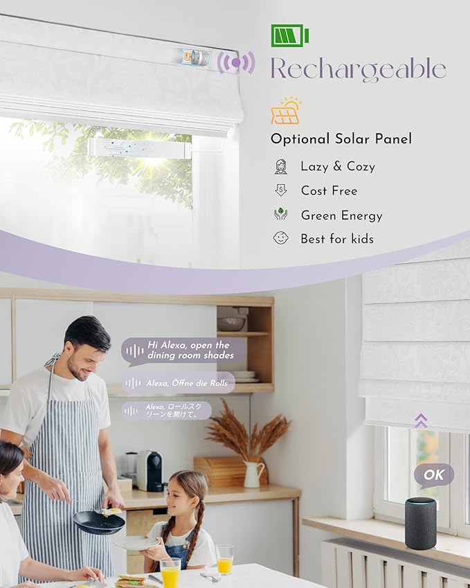 Graywind Smart Roman Shades Compatible with Alexa Google Rechargeable Motorized Blinds with Remote Light Filtering Roman Window Shades Plain Fold Soft for Doors Bedroom, Custom Size (Floral White)