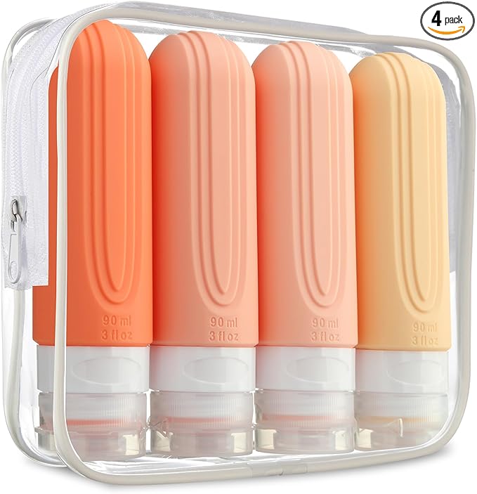 Travel Bottles for Toiletries, Tsa Approved 3oz Travel Size Containers BPA Free Leak Proof Refillable Liquid Silicone Squeezable Travel Accessories for Shampoo Conditioner Lotion (4 Pack)