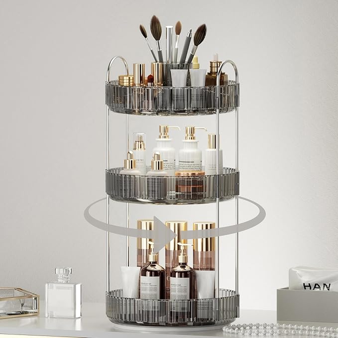 360° Rotating Makeup Organizer, Upgraded 3 Tier Skincare Perfume Organizers for Women, Bathroom Organizer Countertop, Clear Cosmetic Dresser Organizer with Makeup Brush Holder, Sink&Counter(Grey)