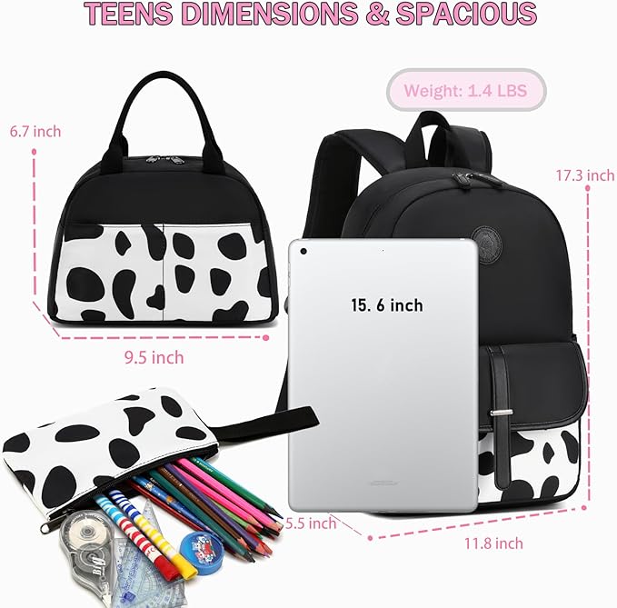 School Backpack for Girls Teens Bookbag with Lunch Box Set Kids Backpack Elementary Middle School Bag Daypack, Black Cow