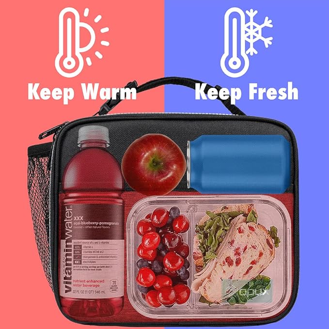opux Insulated Lunch Bag Kids, Lunch Box for School Boy Girl, Leakproof Small Reusable Compact Soft Mini Cooler Bag, Toddler Small Lunch Boxes Kit Pail with Front Side Pockets (Red)