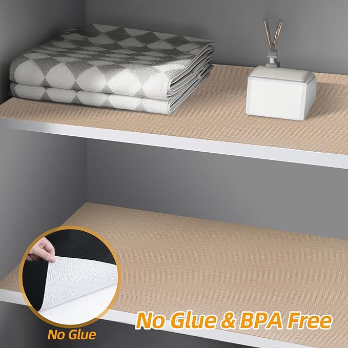 Shelf and Drawer Liner for Kitchen Cabinets Non-Adhesive, Strong Grip Non-Slip Thickened Cabinet Liners for Shelves, Waterproof Mats for Dresser Cupboard, Khaki, 23 in x 20 Feet