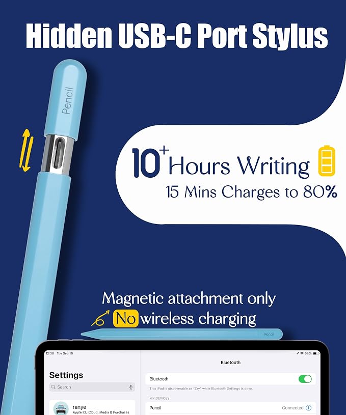 Pencil USB-C for Apple iPad 2018-2026: Slide-Switch Hidden-Port Stylus with Tilt Sensitivity &amp Palm Rejection Pen for iPad 6-11th Mini 5-7th Air 3-5th/M2/M3 Pro 11/12.9/13(M4/M5) Black