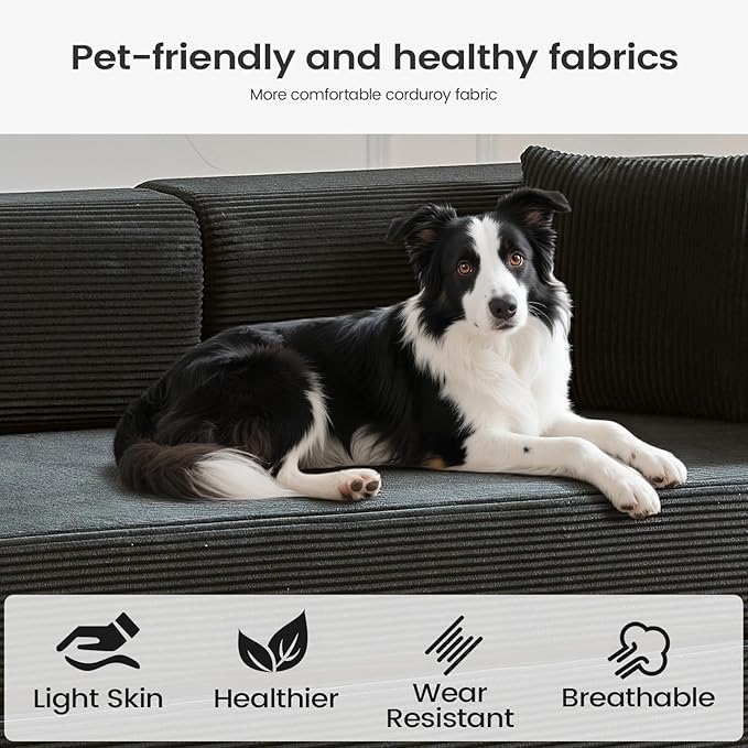 Folding Sofa Bed Convertable Corduroy Couch King Size Floor Sleeper 4-in-1 DIY Combination Modular Sofa Fold Out Futon Lounge Comfy Foldable Lazy cama for Living Room (Black, 80.15")