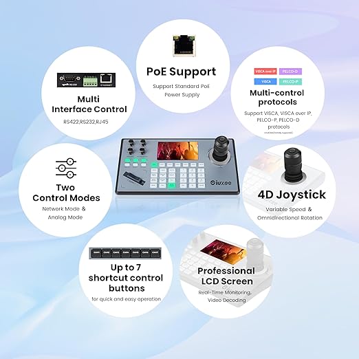 iuZee PTZ Camera Controller 4D Joystick PoE IP PTZ Keyboard with Controller 5" LCD Screen Preview, Support VISCA PELCO-P PELCO-D RS422 RS485 RS232 RJ45, for Live Streaming Meeting/Church Service/Education