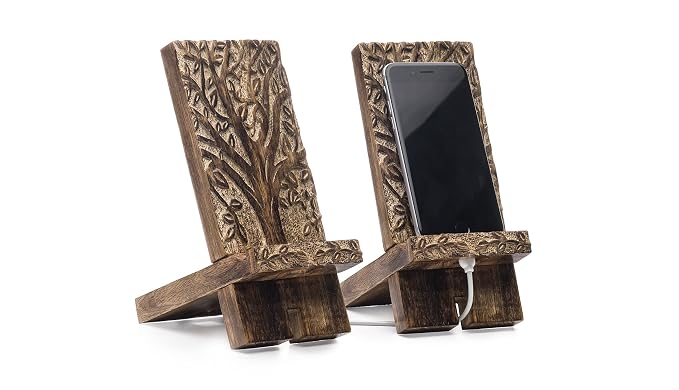 Matr Boomie Hand Carved Solid Wood Phone Holder Stand Docking Charging Station for Smartphones