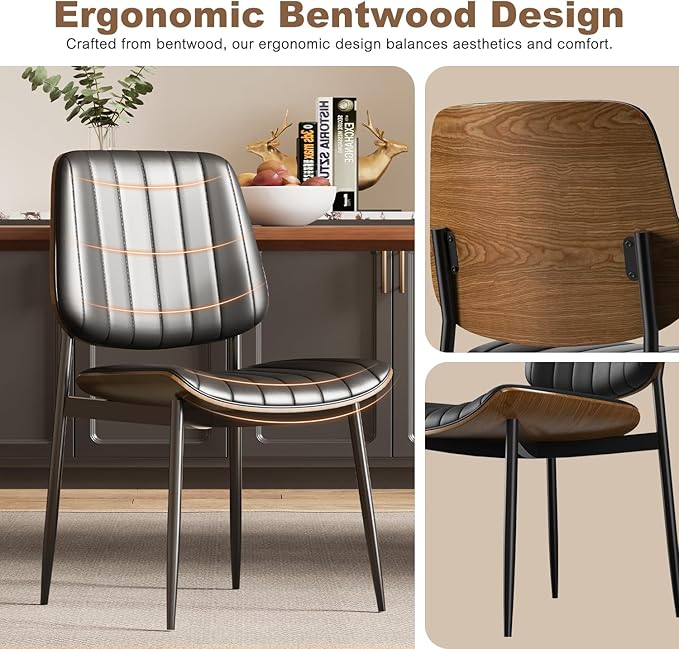Modern Green Leather Dining Chair Set of 6, Bentwood Backrest & Black Metal Frame Ergonomic Comfort, Sustainable Style, Multi-Space Versatile, Black