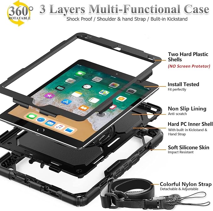 BMOUO Case for iPad 6th/5th Generation Case (9.7 inch 2018/2017) 360°Rotating Stand Hand/Shoulder Strap Shockproof iPad 9.7” Case for iPad Air 2 Black