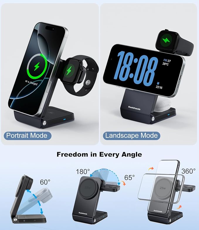 3 in 1 Wireless Charging Station with TEC Active Cooling | 25W Fast Charger for MagSafe Magnetic Foldable Charger Stand