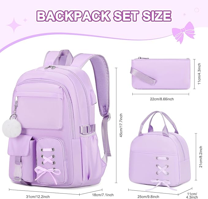 Backpacks for Girls, Girls Backpack with Lunch Box & Pencil Pouch for Teens Girl Kids Elementary Middle High School College Student Bookbag Daypack Laptop Travel Backpack for Women (Purple)