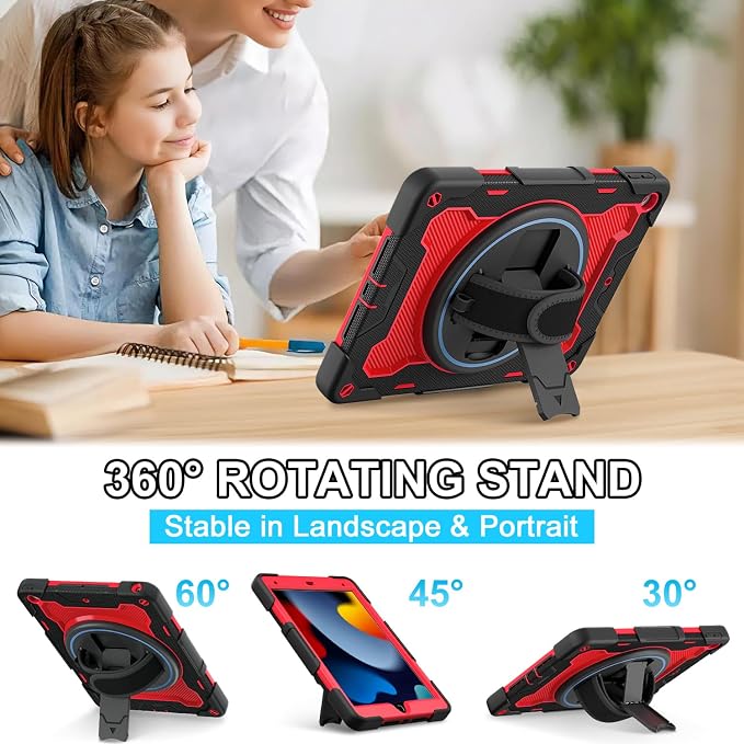 for iPad 9th 8th 7th Gen Case 10.2 inch with Screen Protector | 360° Rotating Kickstand Hand Strap Shoulder Strap Heavy Duty Military Grade - Kids Friendly