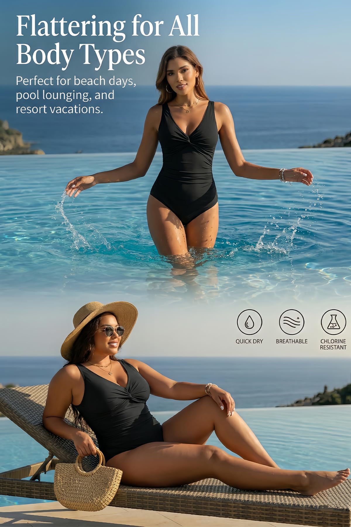 Holipick Black Women Tummy Control One Piece Swimsuit - Push Up Bathing Suit Full Coverage Slimming Swimwear S