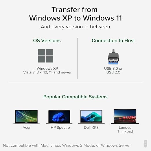 Plugable USB Transfer Cable Unlimited Use Transfer Data Between 2 Windows PC's Compatible with Windows 11 10 7 XP Bravura Easy Computer Sync Software Included