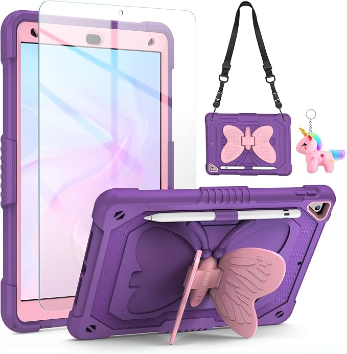VOFUOE for iPad 9th 8th 7th Generation Case with Screen Protector Butterfly Stand Shoulder Strap Keychain Pencil Holder for iPad 10.2 Hard Cover Kids Girls for iPad 9th/8th/7th(2021/2020/2019)-Purple