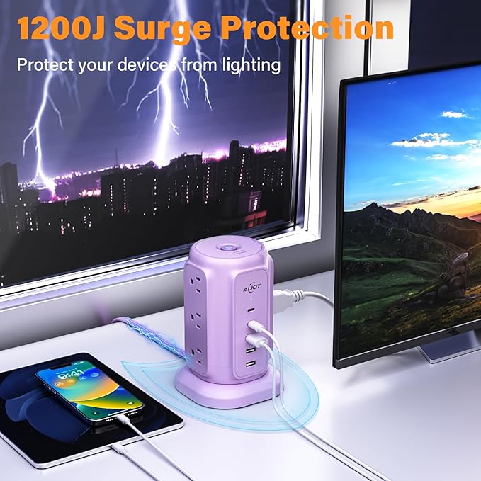 AiJoy Power Strip Tower with 9 Outlets and 5 USB Ports (2 USB C), 1200J Surge Protection, 1625W 6.5ft Flat Plug Extension Cord with Multiple Outlets Extender for Dorm Home Office Supplies, Purple