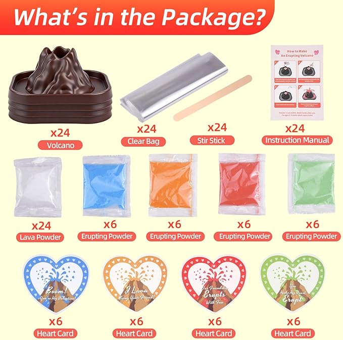 Valentines Day Gifts for Kids Classroom: 24 Pack Erupting Volcano Science Kit with Cards, 4 Lava Colors, STEM Educational Toys for Boys Girls Classroom Exchange Gifts Prizes School Party Favors