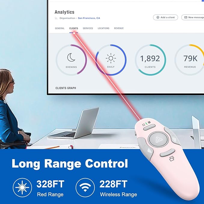 QUI Presentation Clicker Wireless Presenter Remote Clicker for PowerPoint Presentation Remote, PowerPoint Slide Advancer for Mac/Windows/Linux, Google Slide/PPT/Keynote, USB A&C, Pink