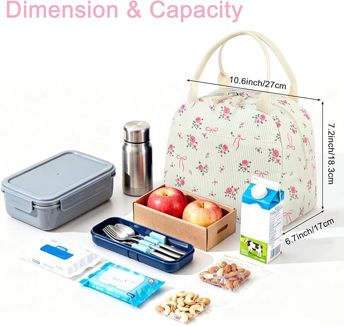 LEDAOU Lunch Box for Women Insulated Lunch Bag Corduroy Lunch Tote Bags Leakproof Cooler Lunch Case for Travel Work Picnic (Bow Floral)