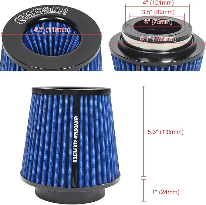 KYOSTAR Universal 3/3.5/4" High-Flow Air Filter, Reusable Cone Cold Air Intake