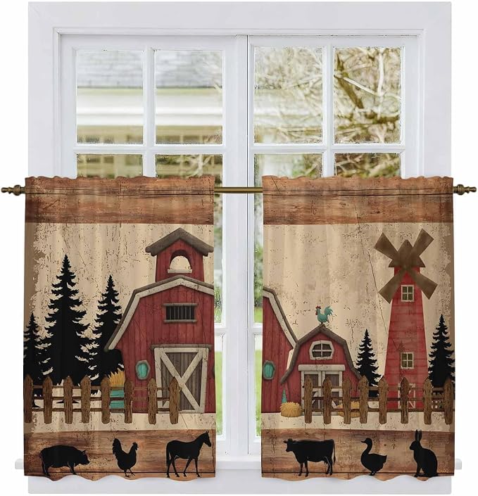 Brown Farmhouse Tier Curtains, Vintage Country Animals Wooden Grain Light
