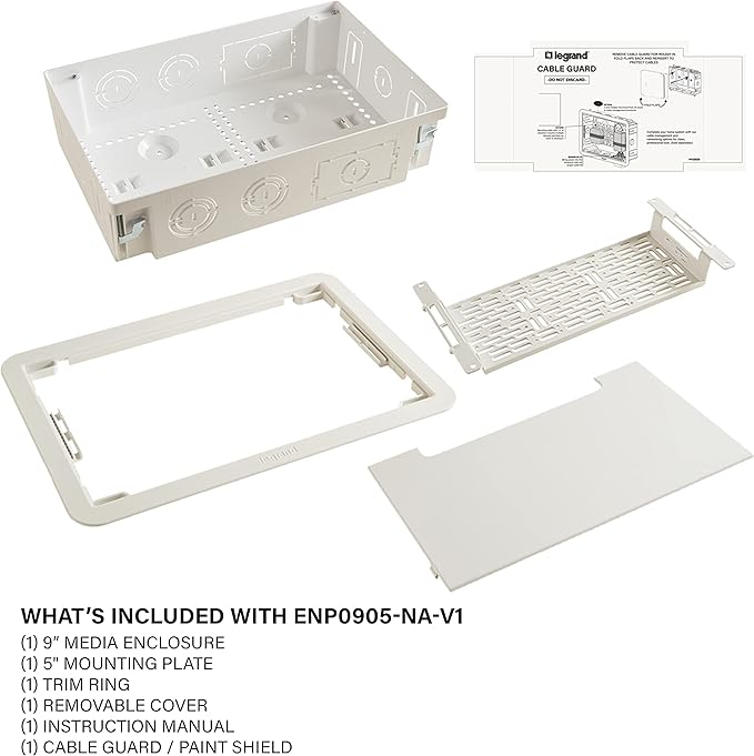 Legrand - OnQ Cable Management, In-Wall Media Box, Dual Purpose Structured Wiring Enclosure with Mounting Bracket, Home Networking Panel, 9 inch, White, ENP0905NAV1