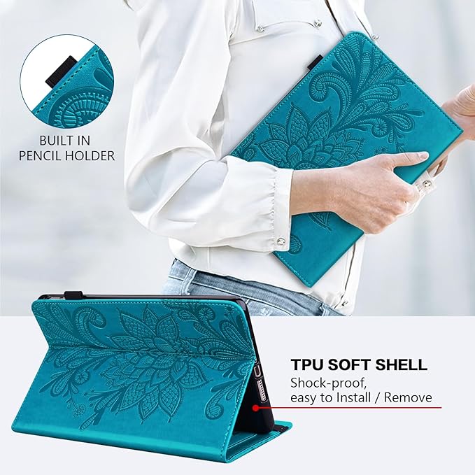 Case for Samsung Galaxy Tab A11+/A11 Plus /A9+/A9 Plus 2025/2023 5G 11 Inch Embossed Lace PU Leather Stand Cover with Elastic Band Card Slots Pen Holder &amp Multi-Angle Viewing - Blue