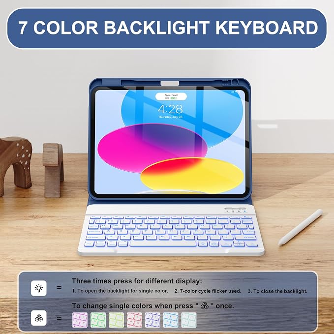 Soke for iPad (A16) 11th/10th Gen Case with Keyboard Black Marble | For iPad 11/10.9 inch(2025/2022) 7 Color Backlight Magnetic wireless Detachable Keyboard Case Built-in Pencil Holder