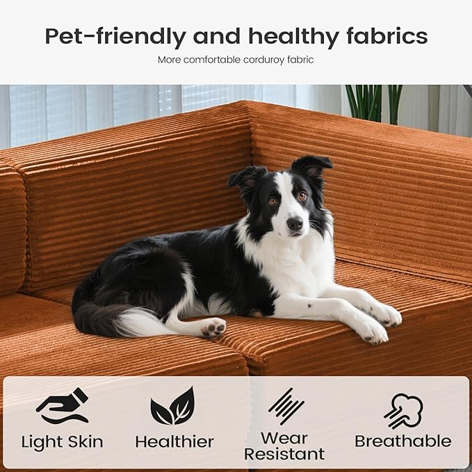 Folding Sofa Bed Convertable Corduroy Couch King Size Floor Sleeper 4-in-1 DIY Combination Modular Sofa Fold Out Futon Lounge Comfy Foldable Lazy cama for Living Room (Orange)