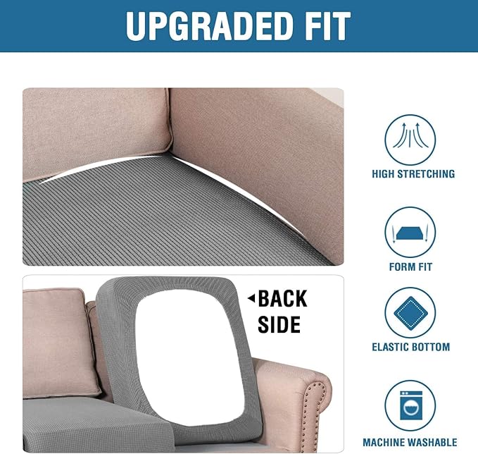 H.VERSAILTEX Super Stretch Individual Seat Cushion Covers - Sofa & Couch Cushion Slipcover Sets - Thick Jacquard Textured Twill Fabric (3 Piece XL, Dove)