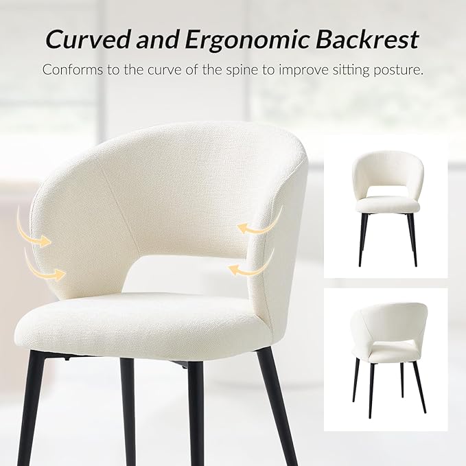 Contemporary Dining Chairs with Armrests – Ergonomic Soft-Padded Seat, Curved Backrest, Matte Black Metal Legs, Comfortable Kitchen & Dining Room Chairs, Set of 6