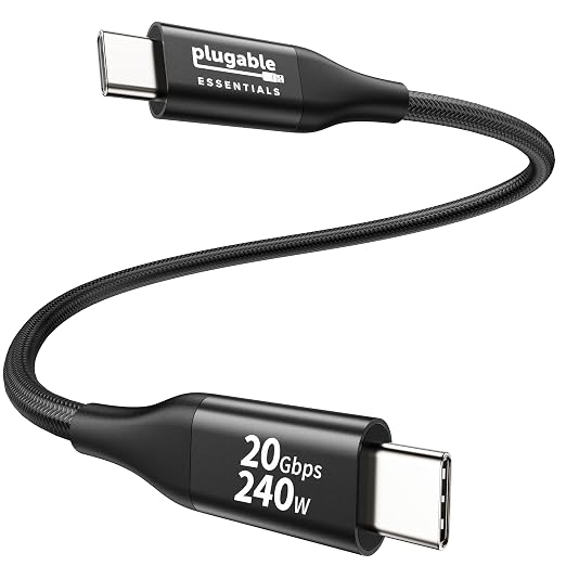 Plugable Short Braided USB C Monitor Cable 1FT 4K@144Hz/8K Video Output | USBC 3.2 Gen 2X2 Display Cable 20Gbps Data Transfer 240W PD Charging Fit for Portable Monitor SSD MacBook iPhone 17
