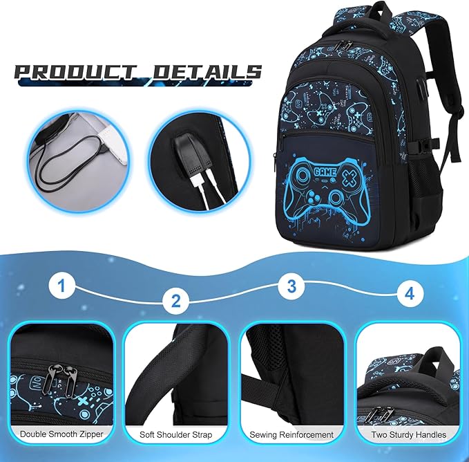 Boys Backpack for School, 3PCS Cool Luminous Gamer Backpack for Boys with Lunch Box Pencil Case, Kids Backpacks Bookbag for Teen Boy Elementary Middle High School with USB Charging Port