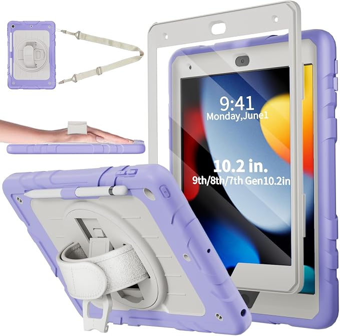Case for iPad 9th/8th/7th Generation-Built-in Screen Protectorwith Pencil Holder&amp360°Rotating Hand StrapShoulder StrapCase for iPad 10.2 inch 2021-2019(Black)