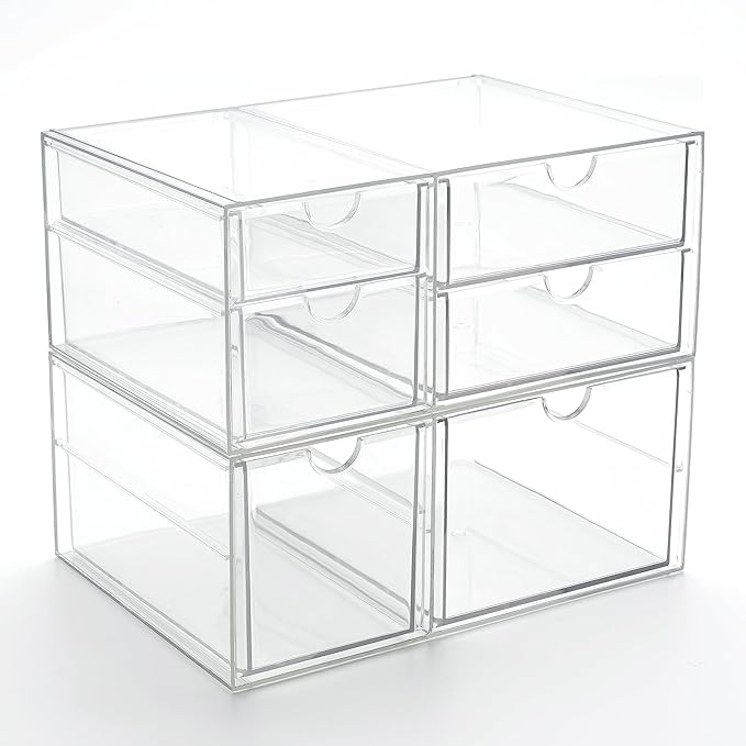 Prsildan Acrylic Drawer Makeup Organizer with 6 Drawers, Set of 2 Office Desk Organizers Accessories, Clear Stackable Storage Drawers for Vanity, Craft, Not for Baby Bottle (Largest Drawer 4" Tall)