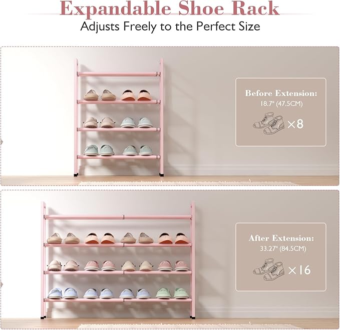 Bumusty 4-Tier Expandable Shoe Rack for Closet, 18“-33” Adjustable Shoe Rack for Small Space, Small Shoe Organizer for Front Door, Sturdy Metal, Pink