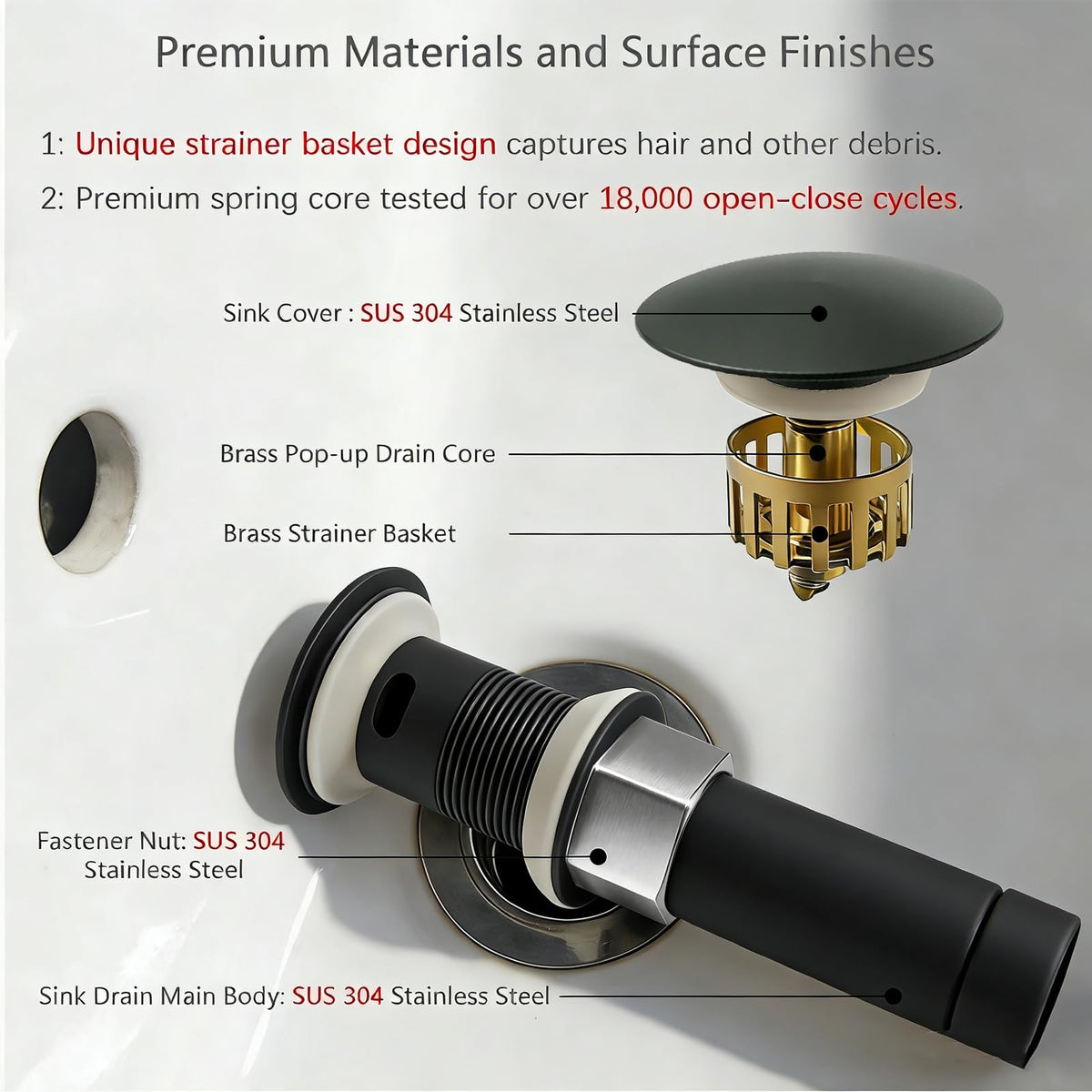 HENGDLOO Bathroom Sink Drain, with Overflow, Pop up Sink Drain Stopper with Strainer Plug for Vessel Sink Lavatory Vanity, SUS 304 Stainless Steel, Matte Black