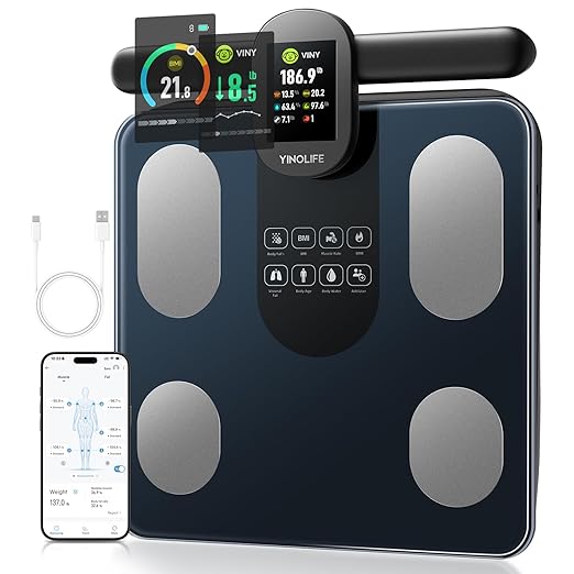 YINOLIFE Scale for Body Weight, 8 Electrode Smart Bathroom Scale with BMI Body Fat Muscle Mass 28 Full Body Composition, High Precision Digital Weight Scale with Handle Display, Rechargeable, 400 lbs
