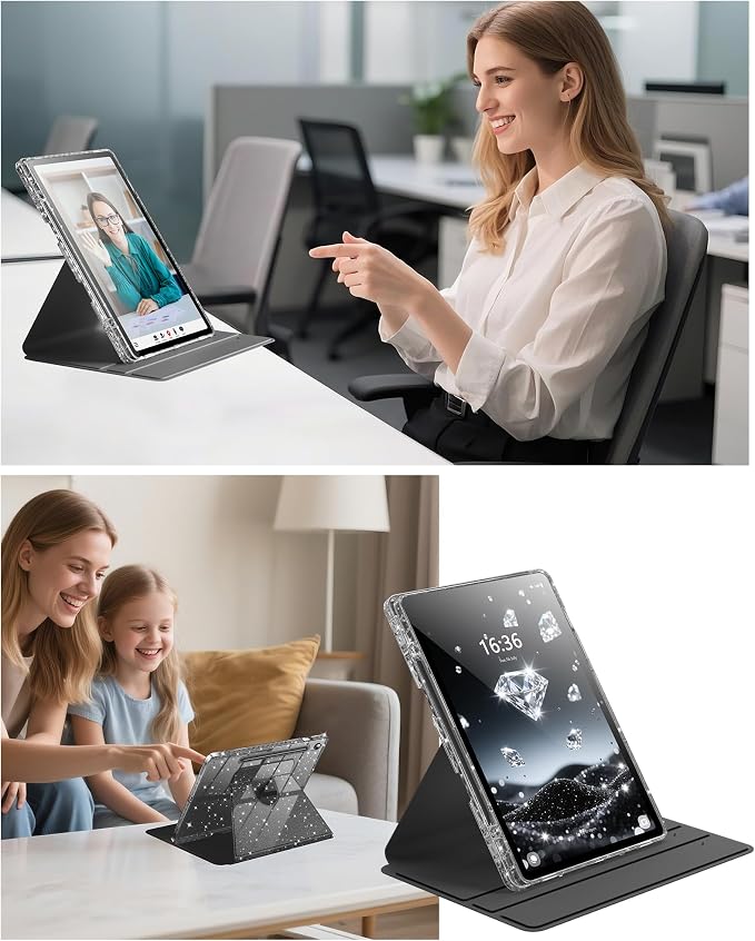 INFILAND Rotating Case for Samsung Galaxy Tab S10 FE/ S9 FE 5G 10.9 Inch/Tab S9 11 Inch 360 Cute Glitter Cover with Clear Back S Pen Holder for Girls Kids Woman (Black)
