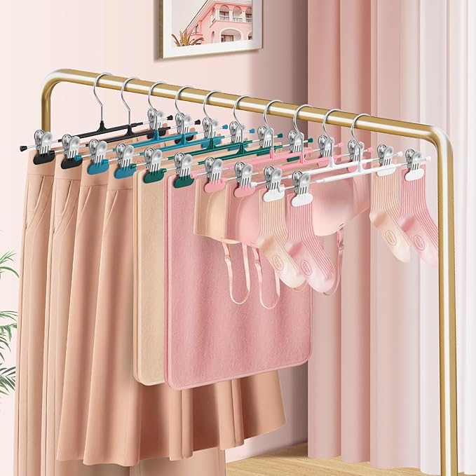 Clothes Pants Hangers with Wide Clips 10 Pack,Non-Slip Adjustable Skirt Hanger for Women,Space-Saving Heavy Duty Men Hangers for Pants,Trousers,Jeans,Shorts 12Inch Pink