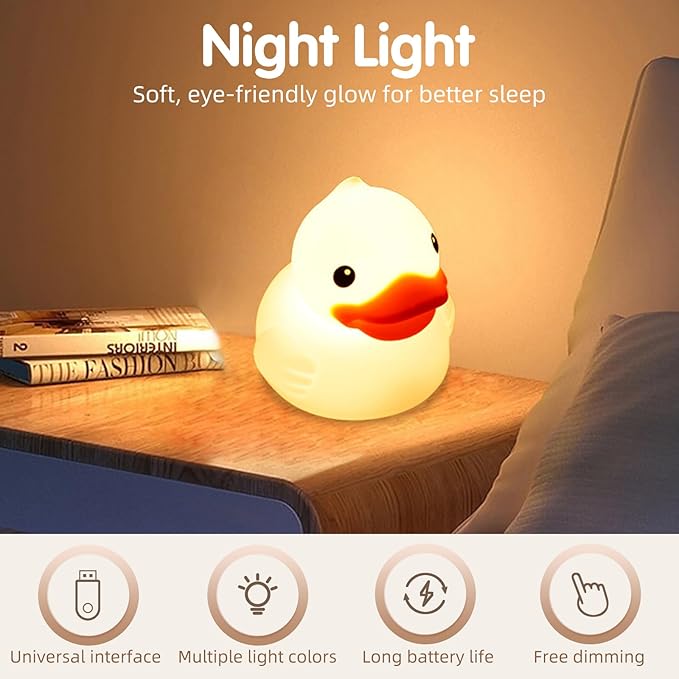 Junlumen Cute Duck Night Light – Soft Silicone Tap Lamp for Kids, USB Rechargeable, Color-Changing, BPA-Free QuackLite 7