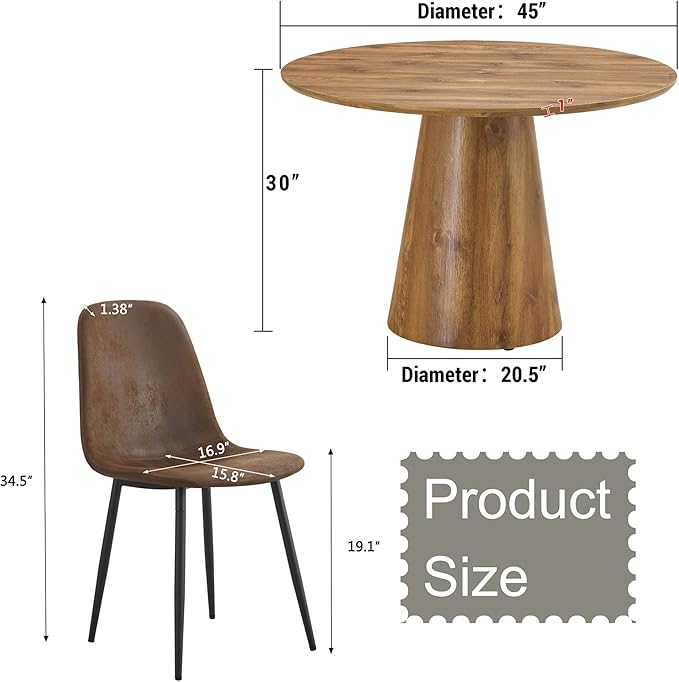 45 Inch Round Dining Table Set for 6, 7 Piece Kitchen Table and Chairs Set, Wooden Table with Light Walnut Finish, Small Space Dining Set for Apartment or Dining Room