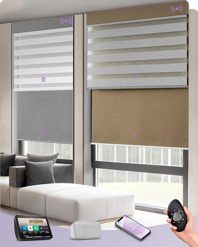 Graywind Smart Dual Shades Compatible with Alexa Google Homepod Motorized Double Zebra Blinds Matter Solar Powered, Custom Size (Custom Fabric)